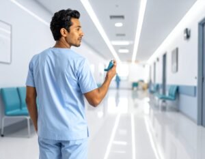 Adult holding an inhaler for newly diagnosed asthma