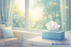 Child with seasonal allergy symptoms indoors